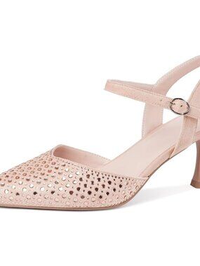 Women's Pink Rhinestone Kitten Heels Slingback Heels Dressy Pumps Ankle Strap